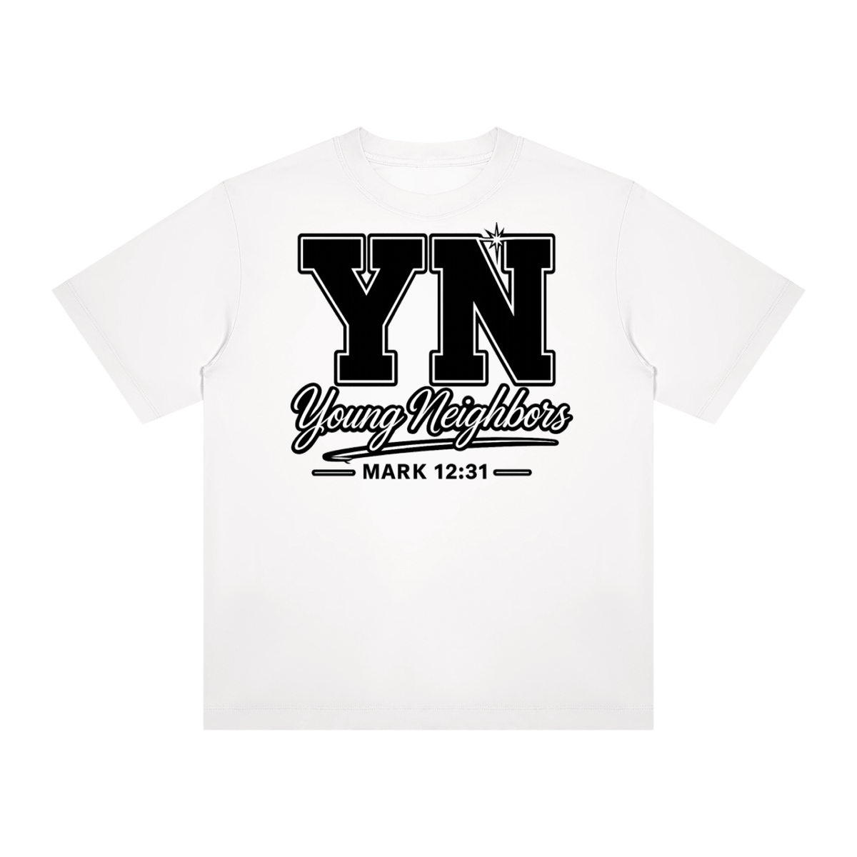 Christ-centered streetwear tee with bold YN varsity logo and Mark 12:31 scripture on light color fabric