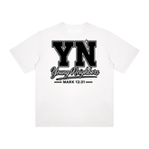 Christ-centered streetwear tee with bold YN varsity logo and Mark 12:31 scripture on light color fabric
