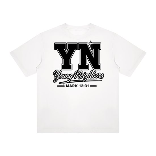 Christ-centered streetwear tee with bold YN varsity logo and Mark 12:31 scripture on light color fabric