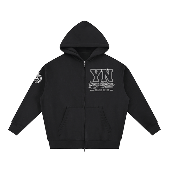 Unisex essential oversized fleece hoodie with zipper and pockets in thick cotton blend fabric