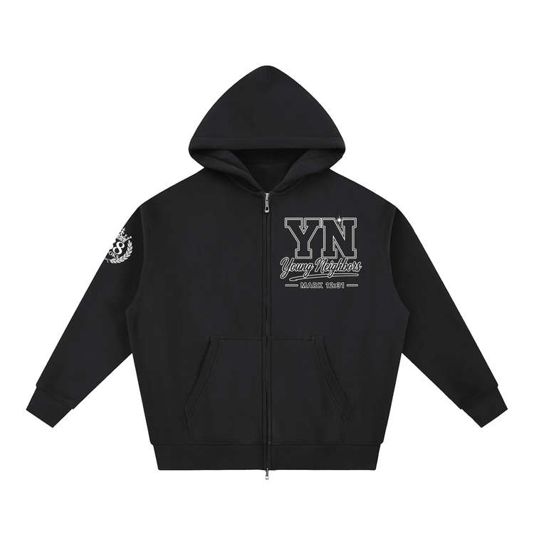 Unisex essential oversized fleece hoodie with zipper and pockets in thick cotton blend fabric
