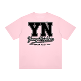 Christ-centered streetwear tee with bold YN varsity logo and Mark 12:31 scripture on light color fabric