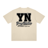 Christ-centered streetwear tee with oversized YN varsity logo and Mark 12:31 scripture reference on light color cotton fabric