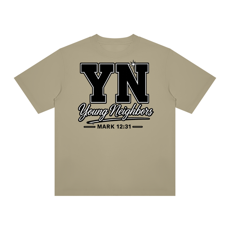 Christ-centered streetwear tee with bold YN varsity logo and Young Neighbors script on light color fabric