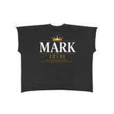 White Raw Edge Boxy Non-Shrink T-Shirt with MARK 12:31 faith quote in gold and white lettering