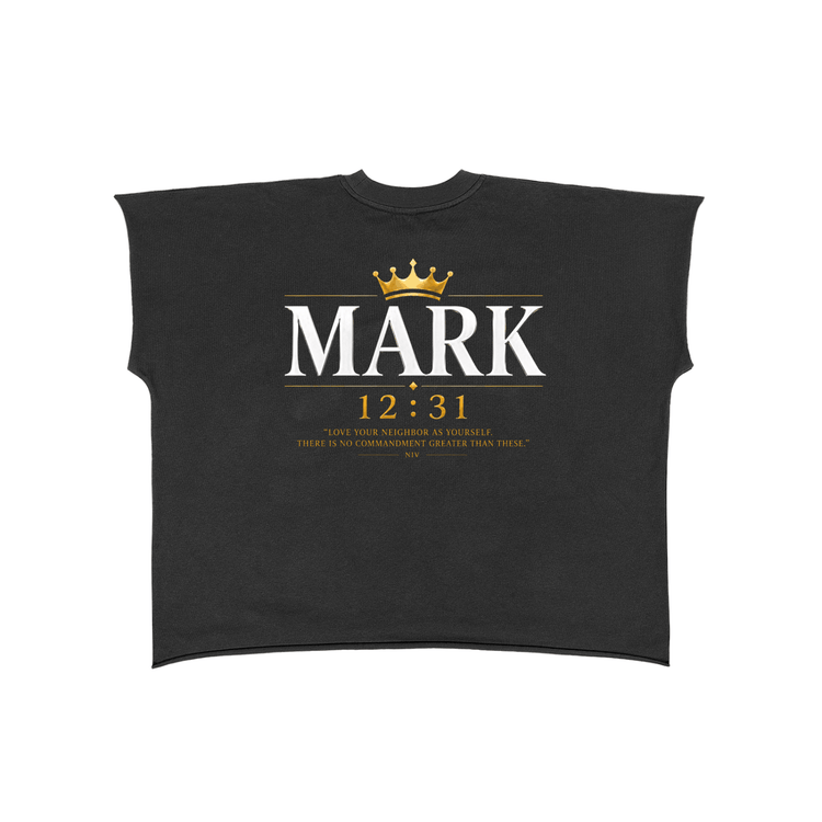 White Raw Edge Boxy Non-Shrink T-Shirt with MARK 12:31 faith quote in gold and white lettering