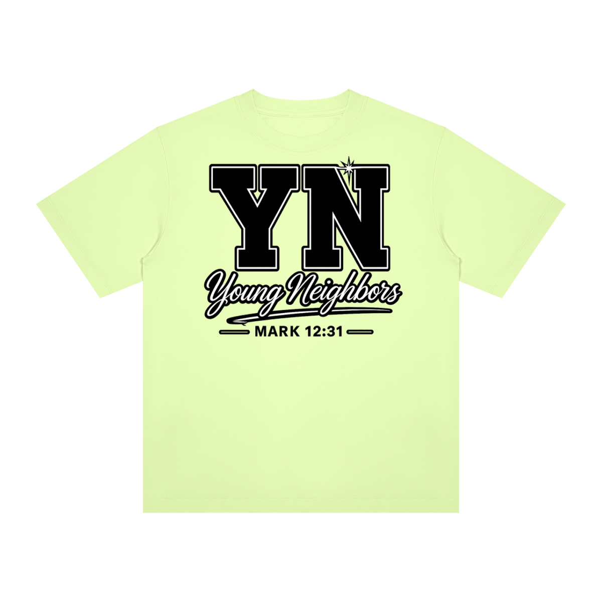 Christ-centered streetwear tee with bold YN varsity logo and Young Neighbors script on light color fabric
