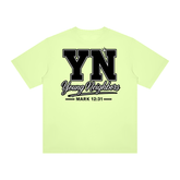 Christ-centered streetwear tee with bold YN varsity logo and Young Neighbors script on light color fabric