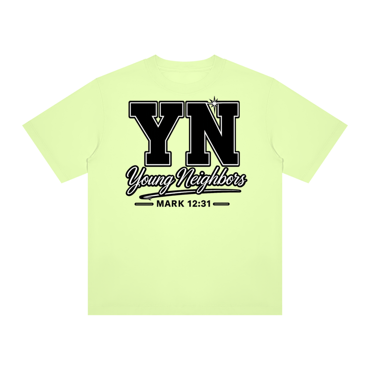 Christ-centered streetwear tee with bold YN varsity logo and Young Neighbors script on light color fabric
