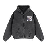 Unisex zip-through boxy fleece hoodie with thick cotton blend fabric and zipper closure