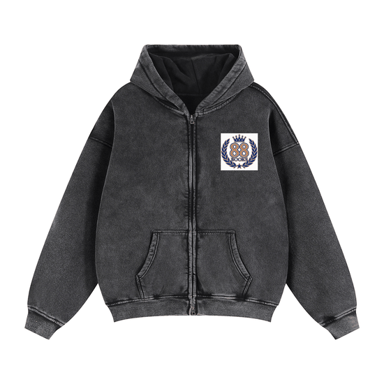 Unisex zip-through boxy fleece hoodie with thick cotton blend fabric and zipper closure
