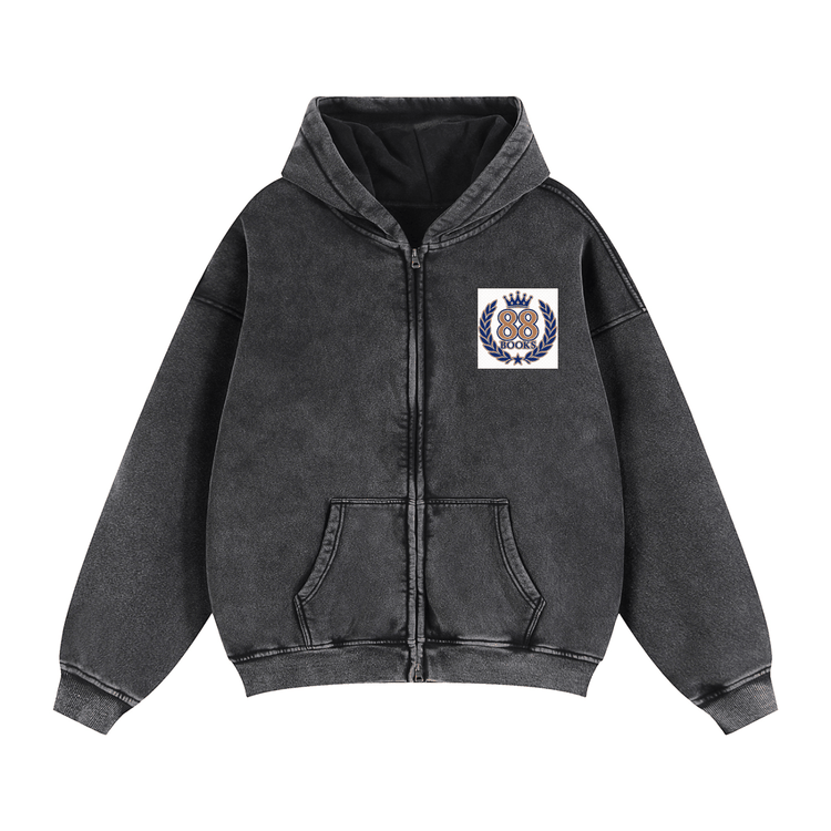 Unisex zip-through boxy fleece hoodie with thick cotton blend fabric and zipper closure