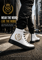 Men’s high top canvas shoes with black and white design and gold crest detail