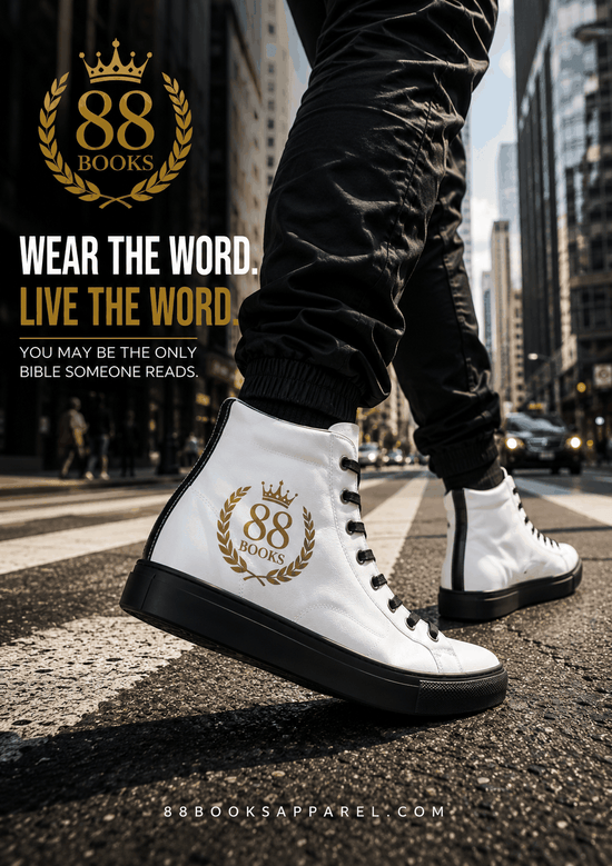 Men’s high top canvas shoes with black and white design and gold crest detail