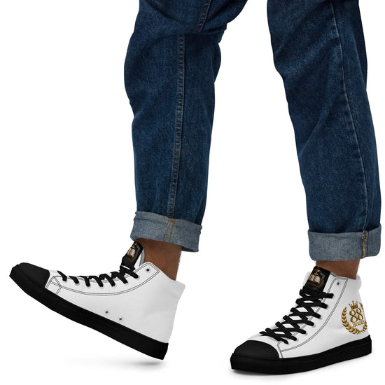 Men’s high top black and white canvas shoes with gold crest design