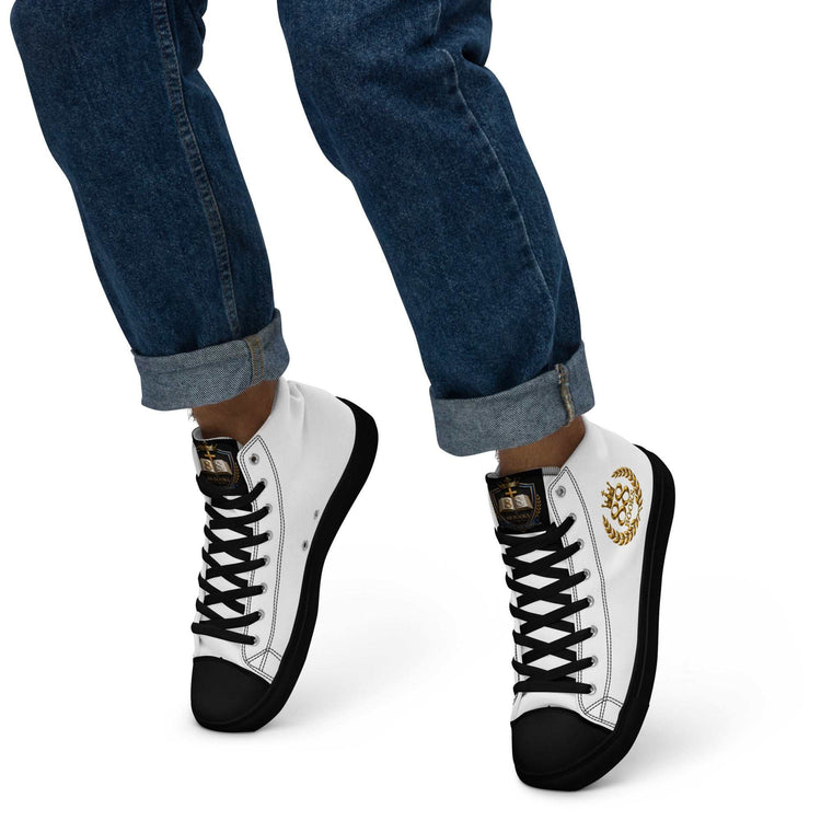 Men’s high top canvas shoes in black and white with gold crest detail