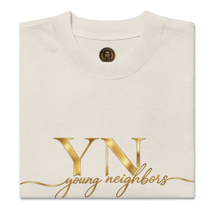 Front view of an oversized signature tee in comfortable, breathable cotton fabric with a relaxed fit, styled for casual streetwear look