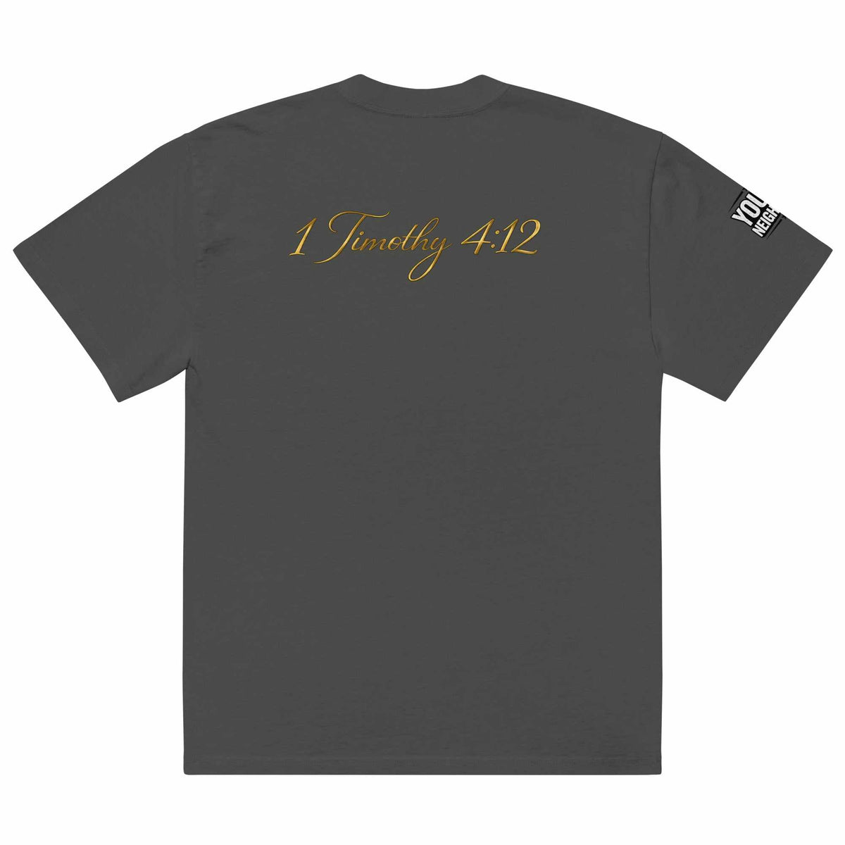 Close-up of oversized signature tee in premium cotton with ribbed crew neckline and relaxed fit