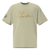 White oversized signature tee with relaxed fit and ribbed crew neckline displayed on a plain background