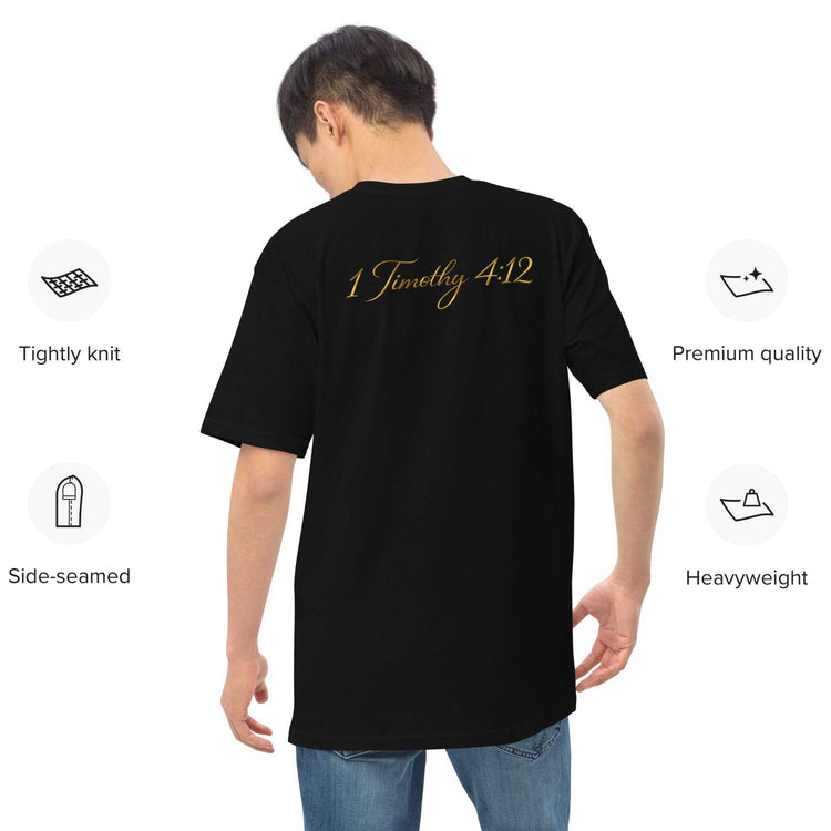 Premium Young Neighbors tee with metallic gold embroidered logo and 1 Timothy 4:12 scripture on back