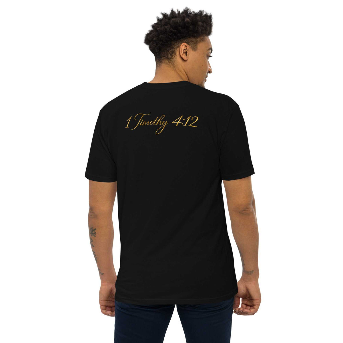 Premium Young Neighbors tee with metallic gold embroidered logo and 1 Timothy 4:12 scripture design
