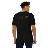 Premium Young Neighbors tee with metallic gold embroidered logo and 1 Timothy 4:12 scripture design