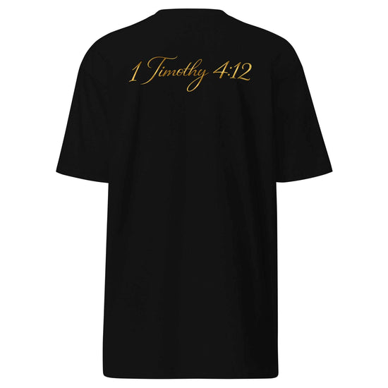Premium Young Neighbors tee with metallic gold logo and 1 Timothy 4:12 scripture on back
