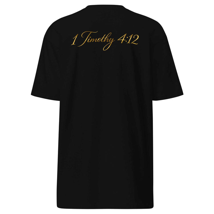 Premium Young Neighbors tee with metallic gold logo and 1 Timothy 4:12 scripture on back