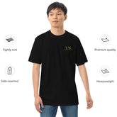 Young Neighbors premium tee with metallic gold embroidered logo and 1 Timothy 4:12 scripture on back