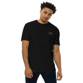 Premium Young Neighbors tee with metallic gold embroidered logo and 1 Timothy 4:12 reference on back