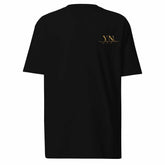 Front view of premium Young Neighbors tee with metallic gold embroidered YN logo and script