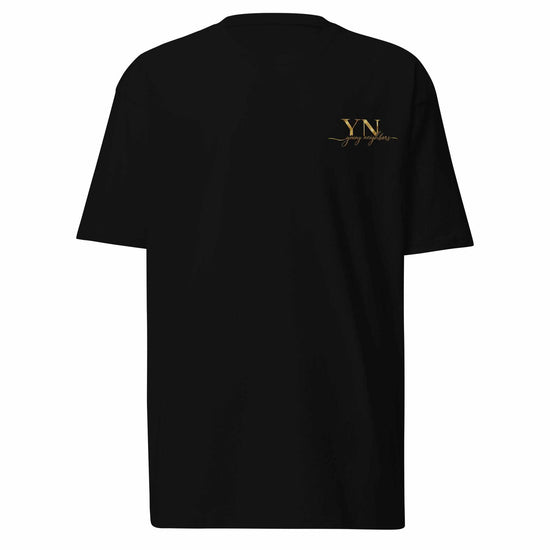 Front view of premium Young Neighbors tee with metallic gold embroidered YN logo and script