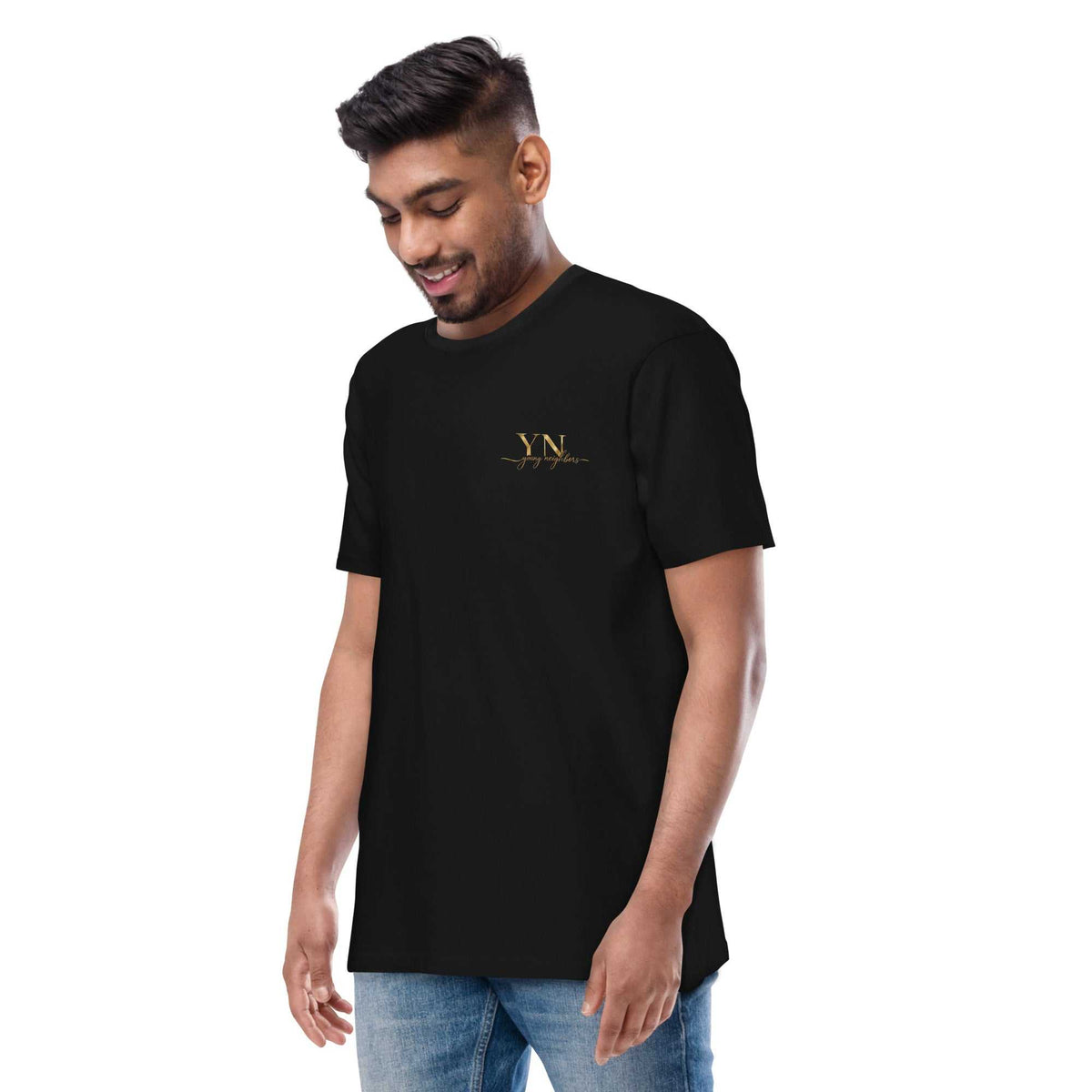 Young Neighbors premium tee with metallic gold logo and 1 Timothy 4:12 scripture on back
