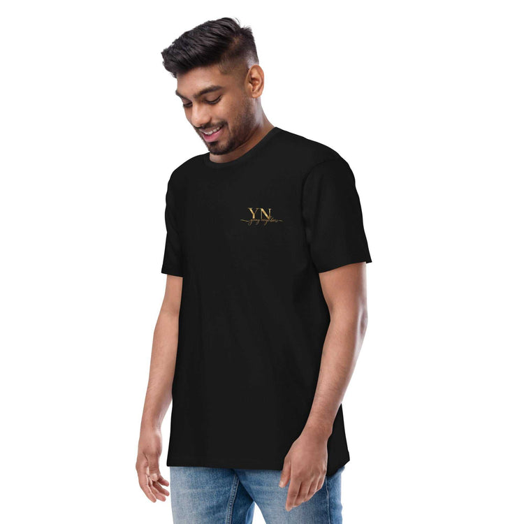 Young Neighbors premium tee with metallic gold logo and 1 Timothy 4:12 scripture on back