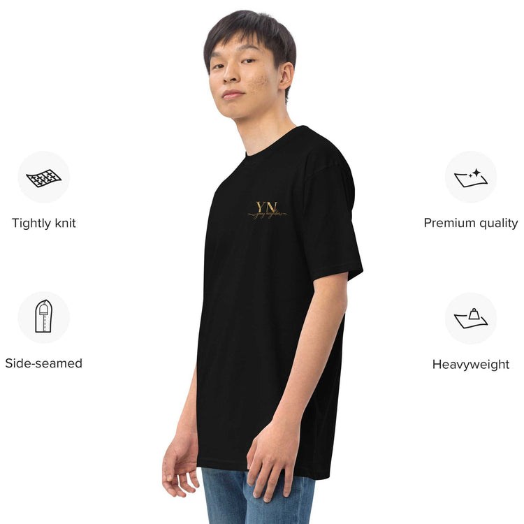 Premium Young Neighbors tee with metallic gold embroidered logo and 1 Timothy 4:12 reference on back