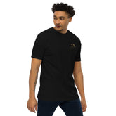 Black premium Young Neighbors tee with metallic gold embroidered logo and 1 Timothy 4:12 scripture on back