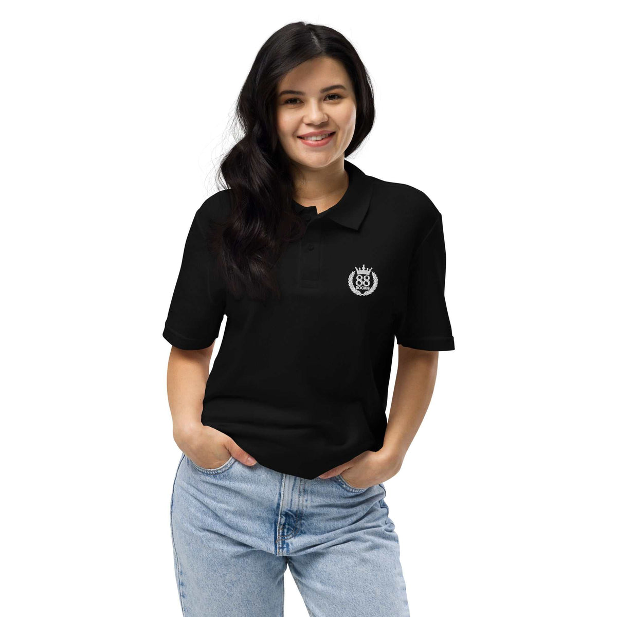 Unisex pique polo shirt with bold crown-and-laurel crest and athletic design